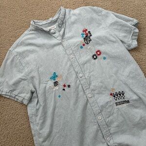 Pacsun Shirt Men Blue Embroidered Linen Blend Beach Short Sleeve